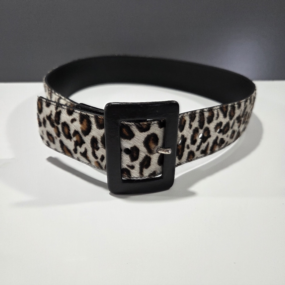 Calvin Klein Calf Hair Leopard Print Wide Leather Belt